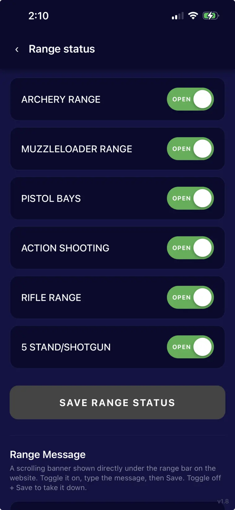 The gunclub.app range status screen on a phone, six ranges each with an open toggle